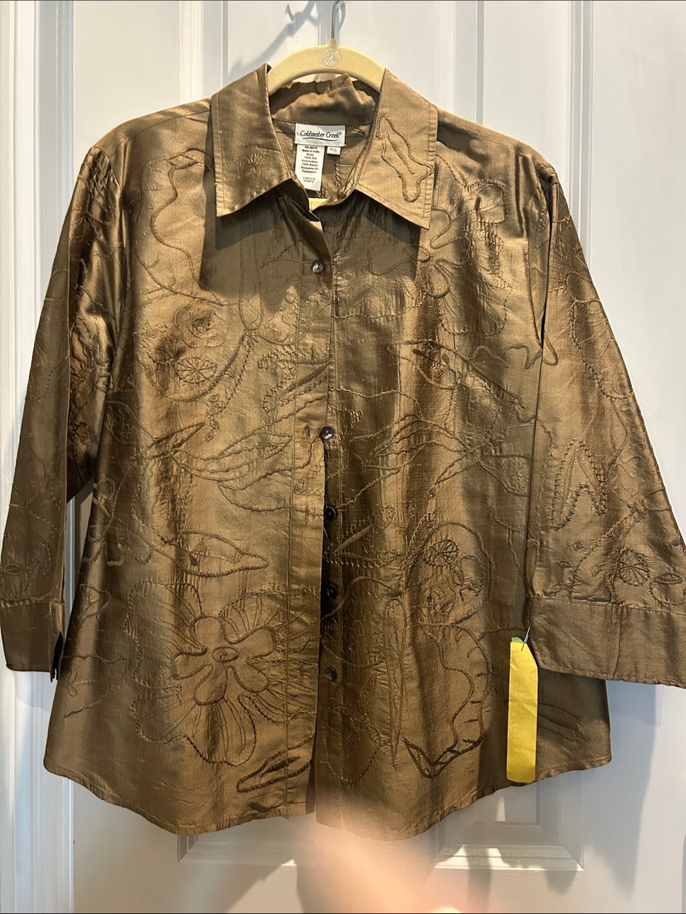 Coldwater Creek Bronze-Taupe Floral Silk Button Front Blouse